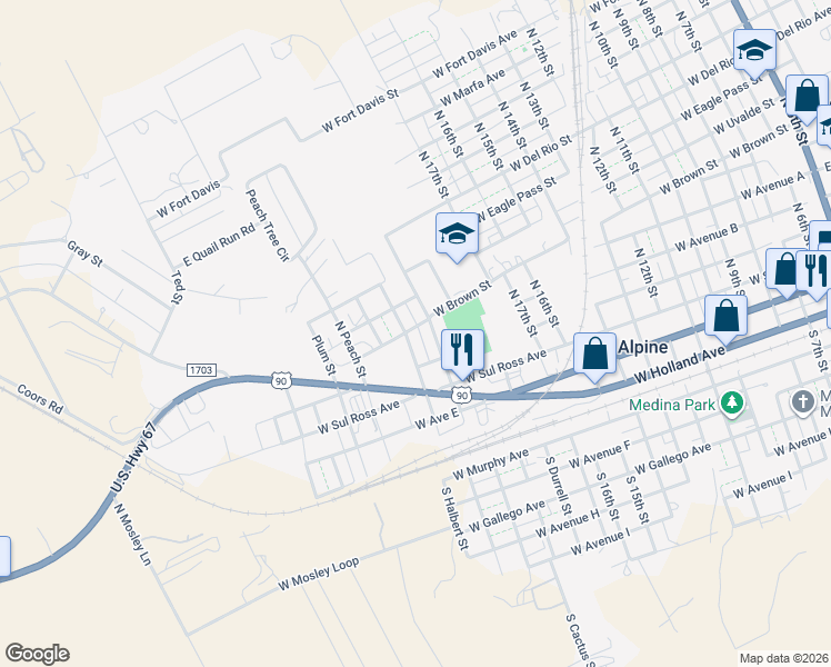 map of restaurants, bars, coffee shops, grocery stores, and more near 1601-1699 West Brown Avenue in Alpine