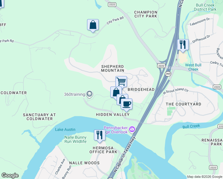 map of restaurants, bars, coffee shops, grocery stores, and more near 6101 West Courtyard Drive in Austin