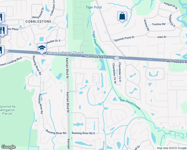 map of restaurants, bars, coffee shops, grocery stores, and more near 12407 Forest Lake Circle East in Jacksonville