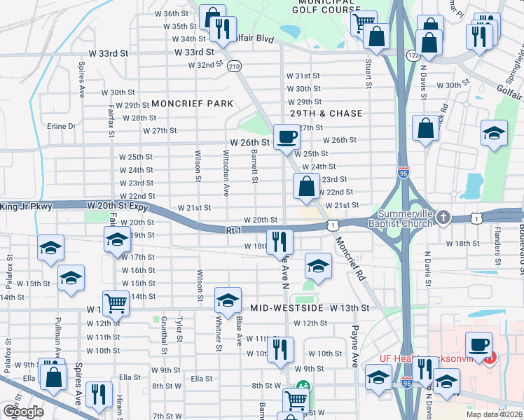 map of restaurants, bars, coffee shops, grocery stores, and more near 1409 West 21st Street in Jacksonville