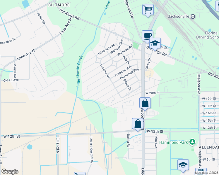 map of restaurants, bars, coffee shops, grocery stores, and more near 5433 Chenango Boulevard in Jacksonville