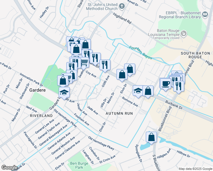 map of restaurants, bars, coffee shops, grocery stores, and more near 9047 GSRI Avenue in Baton Rouge