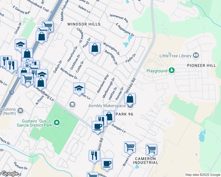 map of restaurants, bars, coffee shops, grocery stores, and more near 9711 Aberdeen Way in Austin