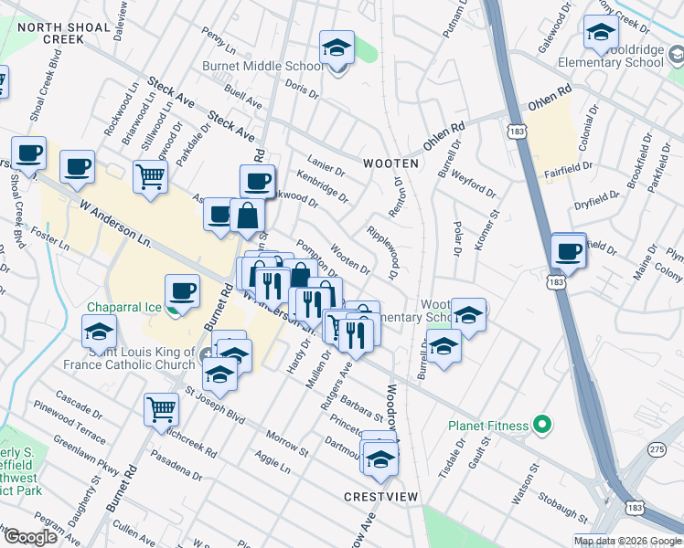 map of restaurants, bars, coffee shops, grocery stores, and more near 1906 Wooten Drive in Austin