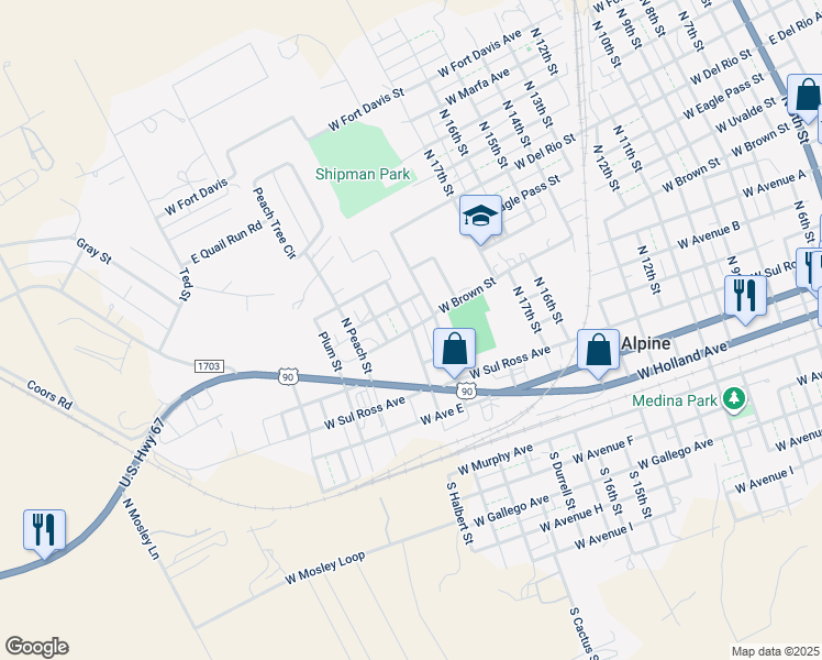 map of restaurants, bars, coffee shops, grocery stores, and more near 599 N Orange St in Alpine