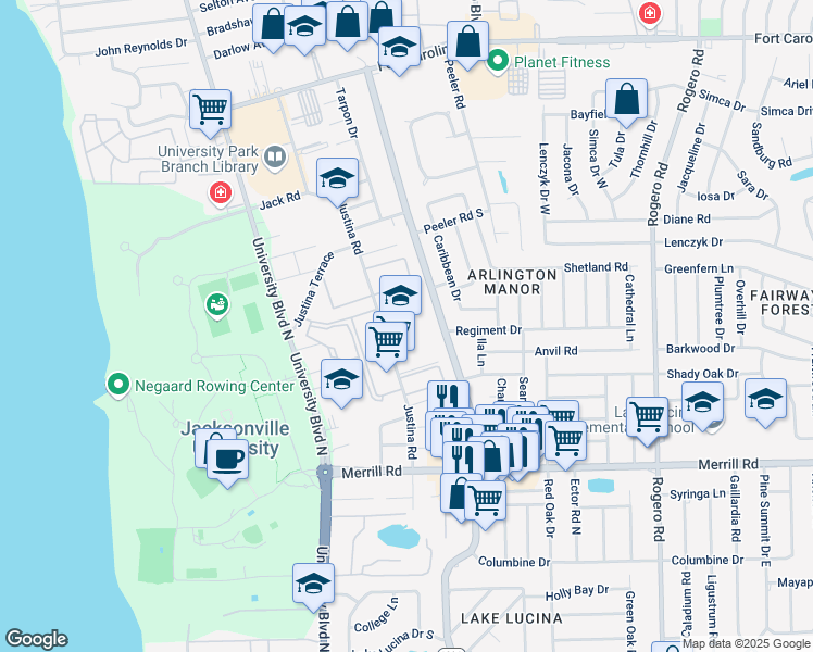map of restaurants, bars, coffee shops, grocery stores, and more near 3101 Justina Road in Jacksonville