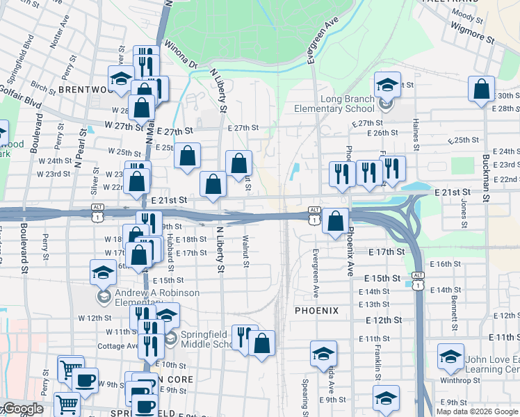 map of restaurants, bars, coffee shops, grocery stores, and more near 445 Springfield Court North in Jacksonville