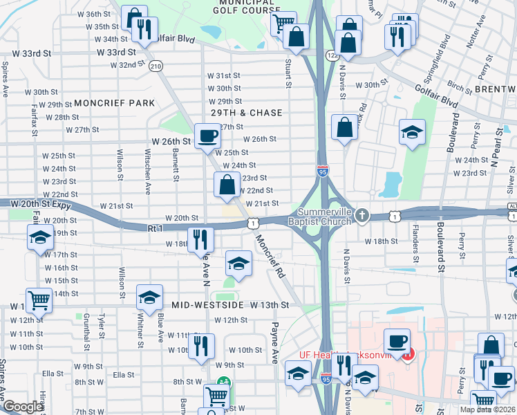 map of restaurants, bars, coffee shops, grocery stores, and more near 1137 West 21st Street in Jacksonville