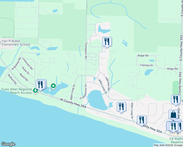 map of restaurants, bars, coffee shops, grocery stores, and more near 1203 Thompson Road in Santa Rosa Beach