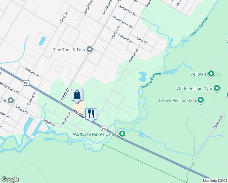 map of restaurants, bars, coffee shops, grocery stores, and more near 1180 Rapatel Street in Mandeville