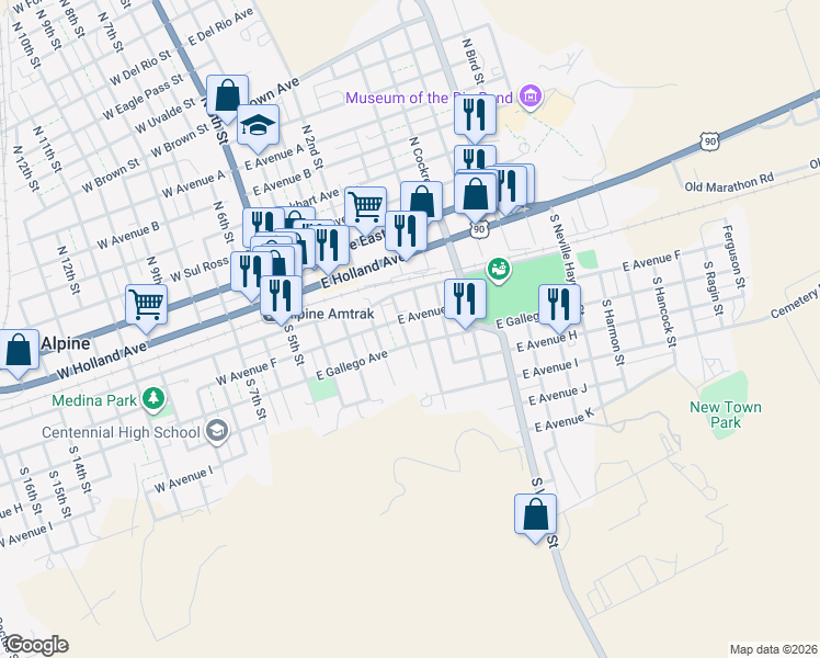map of restaurants, bars, coffee shops, grocery stores, and more near 500-598 East Avenue F in Alpine