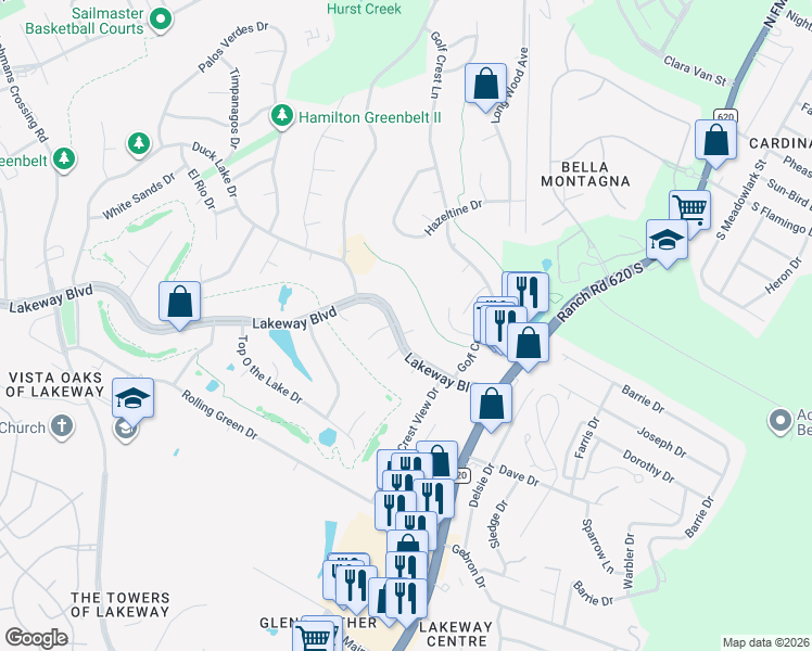 map of restaurants, bars, coffee shops, grocery stores, and more near 1702 Lakeway Boulevard in Lakeway