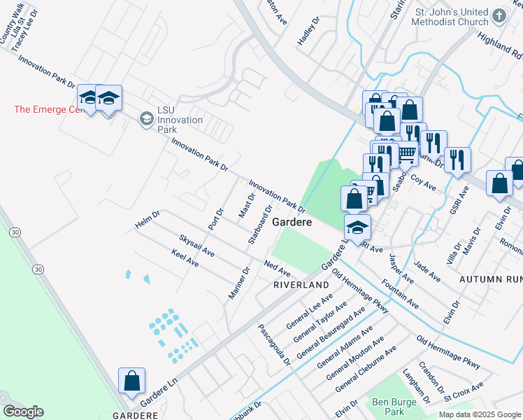 map of restaurants, bars, coffee shops, grocery stores, and more near 1658 Starboard Drive in Baton Rouge