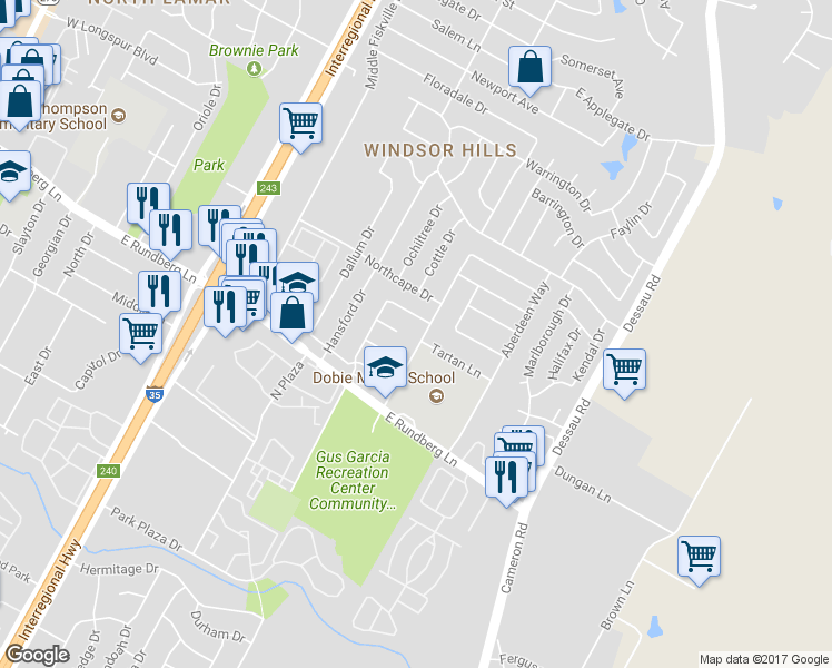 map of restaurants, bars, coffee shops, grocery stores, and more near 9604 Teasdale Terrace in Austin