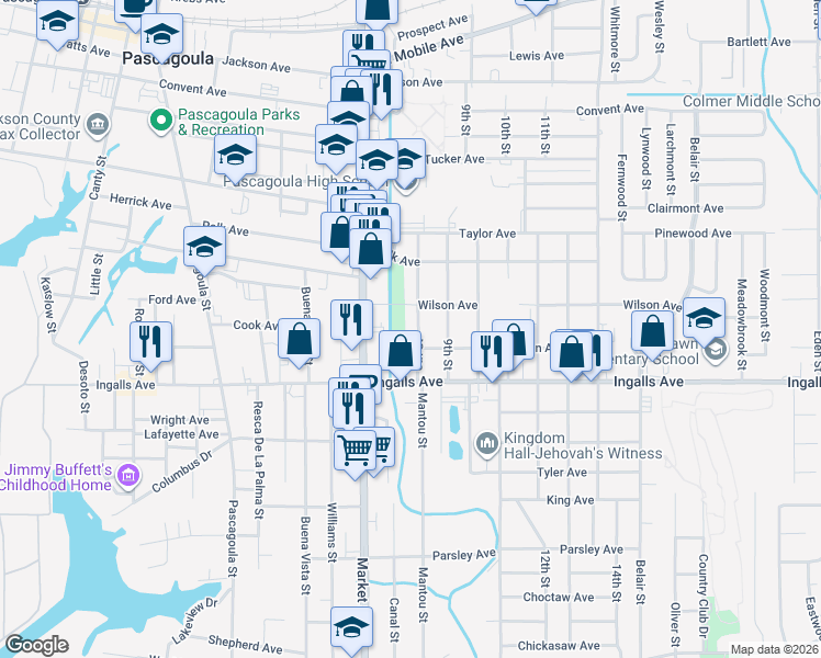 map of restaurants, bars, coffee shops, grocery stores, and more near 2015 8th Street in Pascagoula
