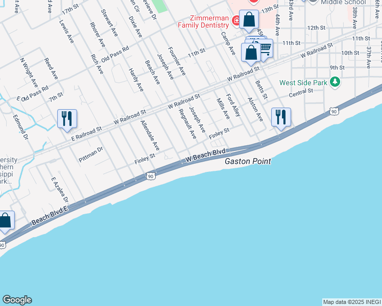 map of restaurants, bars, coffee shops, grocery stores, and more near 4812-4898 Finley St in Gulfport