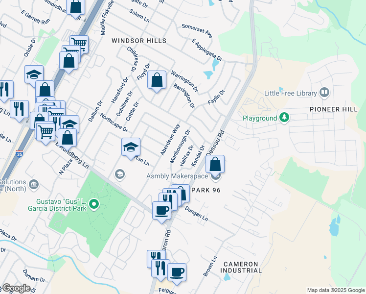 map of restaurants, bars, coffee shops, grocery stores, and more near 9711 Aberdeen Way in Austin