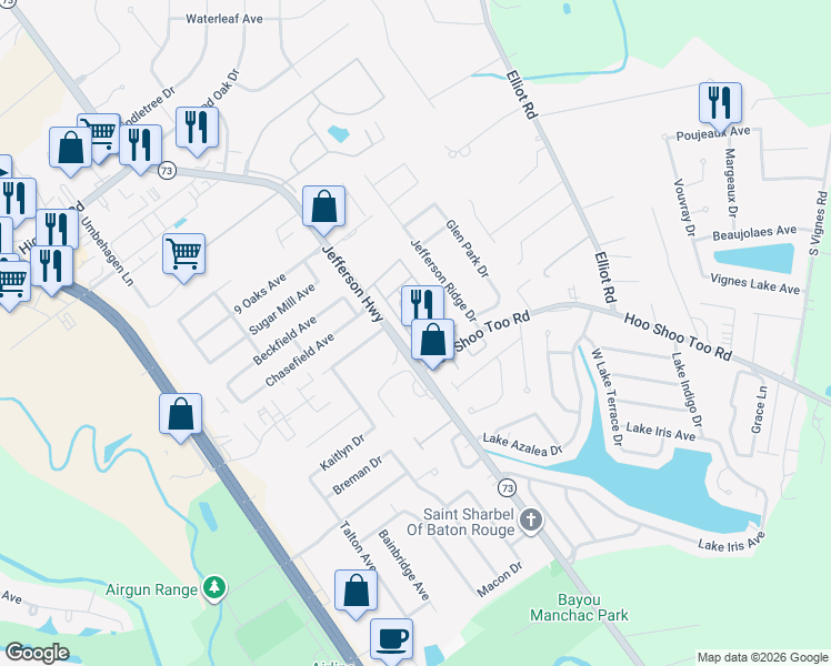 map of restaurants, bars, coffee shops, grocery stores, and more near 17949 Spring Creek Drive in Baton Rouge