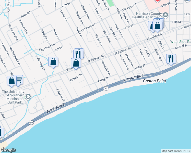 map of restaurants, bars, coffee shops, grocery stores, and more near 707 Rich Avenue in Gulfport