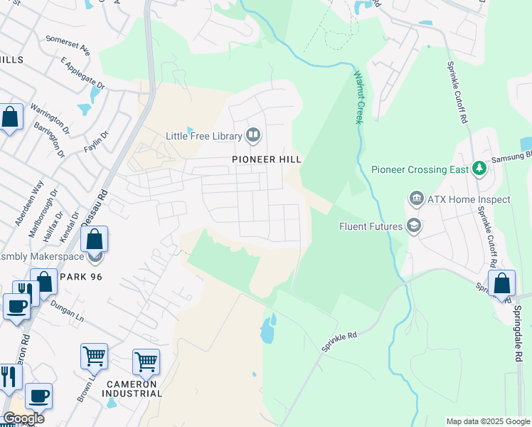 map of restaurants, bars, coffee shops, grocery stores, and more near 10301 Hatton Hill Court in Austin