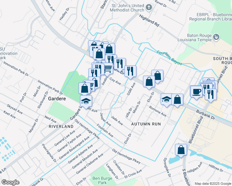 map of restaurants, bars, coffee shops, grocery stores, and more near 8757 Granite Drive in Baton Rouge
