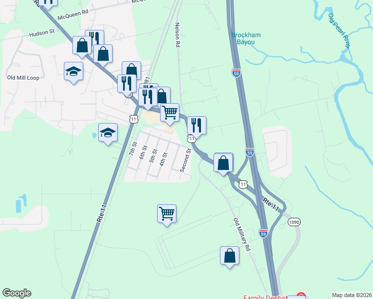 map of restaurants, bars, coffee shops, grocery stores, and more near 205 Second Street in Pearl River