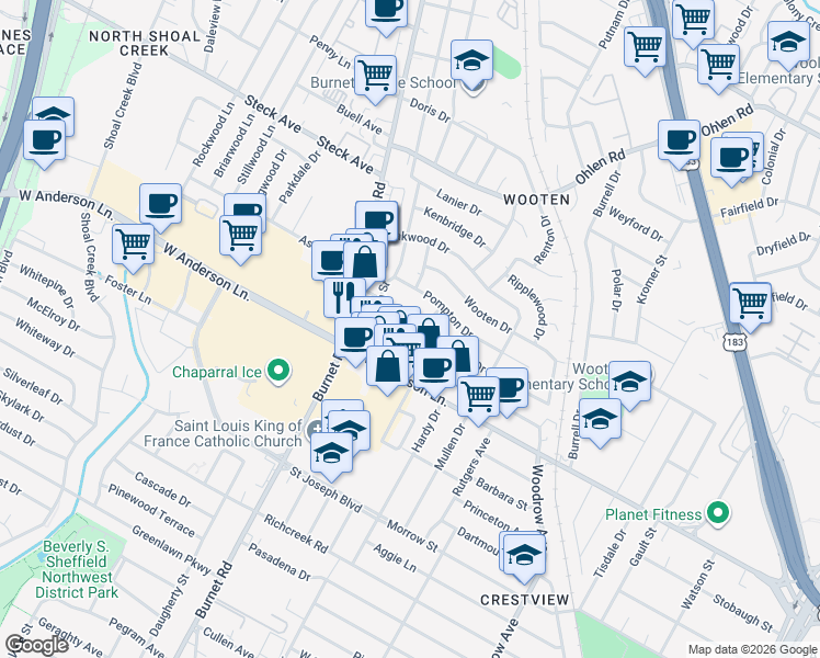 map of restaurants, bars, coffee shops, grocery stores, and more near 7917 Sales Street in Austin