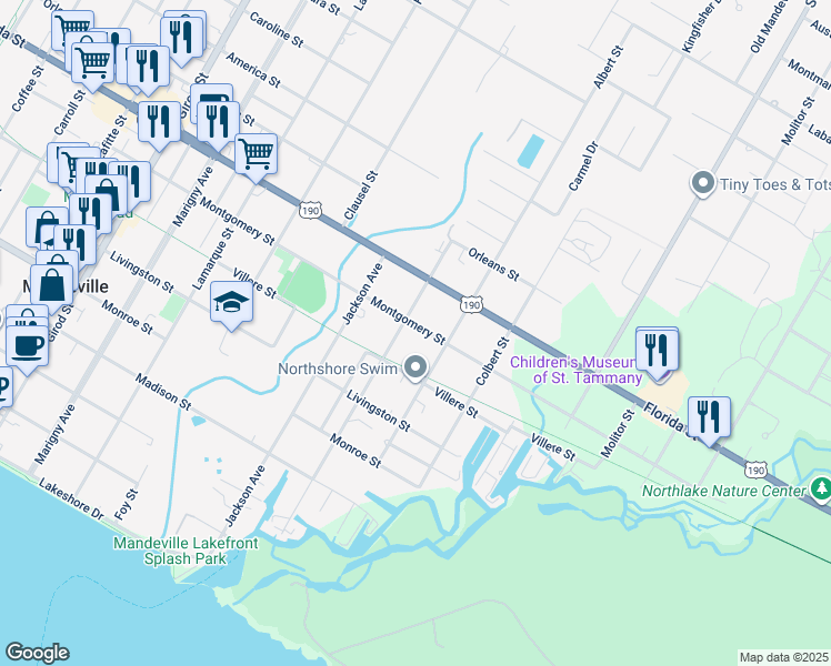 map of restaurants, bars, coffee shops, grocery stores, and more near 737 Atalin Street in Mandeville