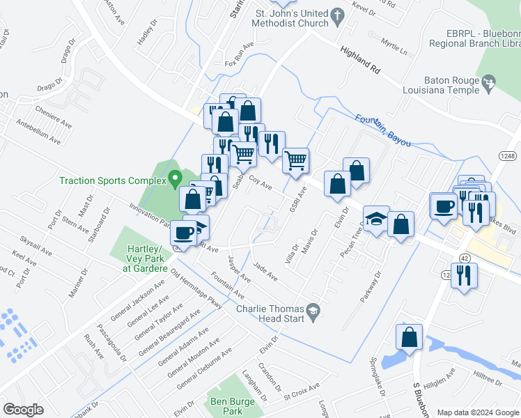 map of restaurants, bars, coffee shops, grocery stores, and more near 8686 Coy Avenue in Baton Rouge