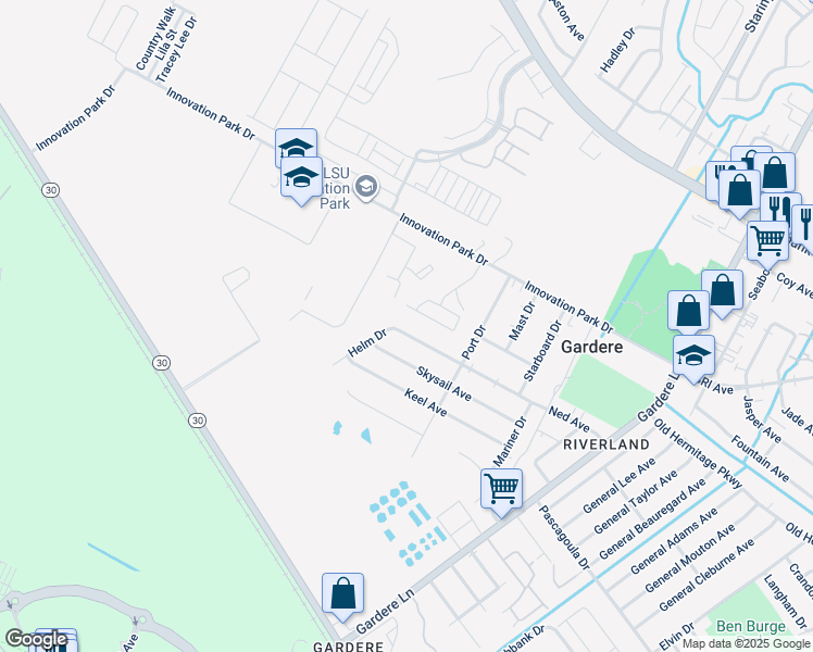map of restaurants, bars, coffee shops, grocery stores, and more near 1920 Helm Drive in Baton Rouge