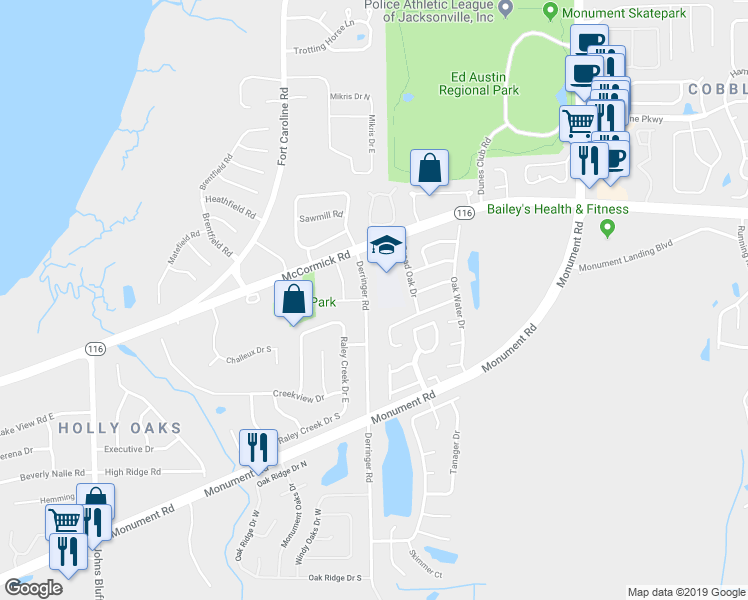 map of restaurants, bars, coffee shops, grocery stores, and more near 2025 Derringer Road in Jacksonville