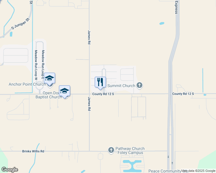 map of restaurants, bars, coffee shops, grocery stores, and more near 1027 Sunnybell Lane in Foley