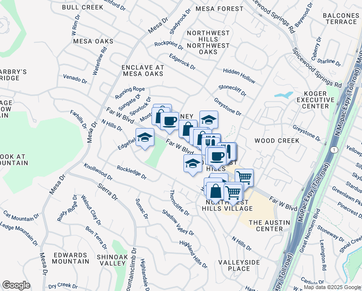 map of restaurants, bars, coffee shops, grocery stores, and more near 3840 Far West Boulevard in Austin