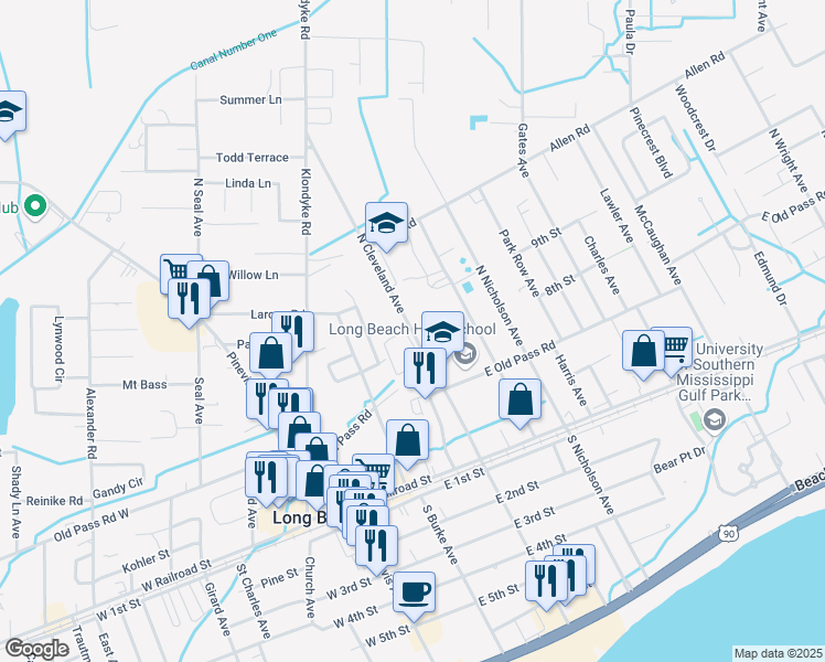 map of restaurants, bars, coffee shops, grocery stores, and more near 204 North Cleveland Avenue in Long Beach