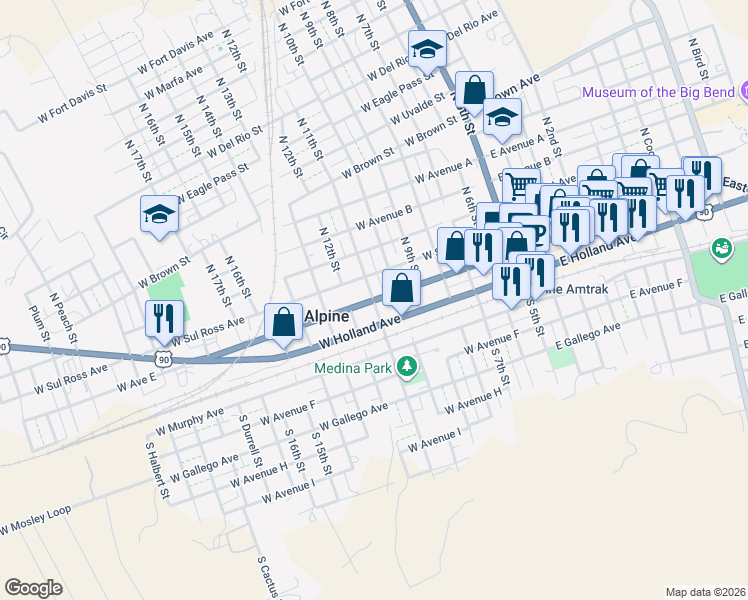 map of restaurants, bars, coffee shops, grocery stores, and more near 201 North 11th Street in Alpine