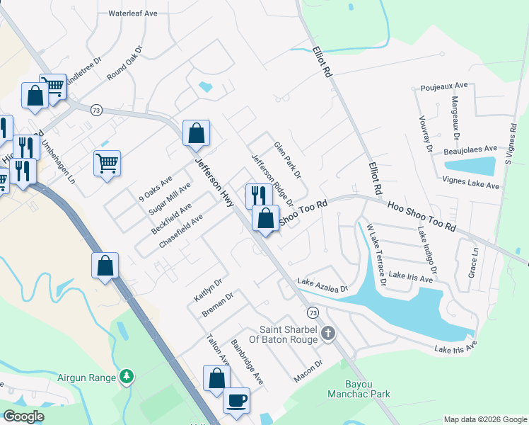 map of restaurants, bars, coffee shops, grocery stores, and more near 17949 Spring Creek Drive in Baton Rouge