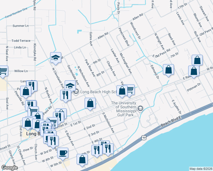 map of restaurants, bars, coffee shops, grocery stores, and more near 600 East Old Pass Road in Long Beach