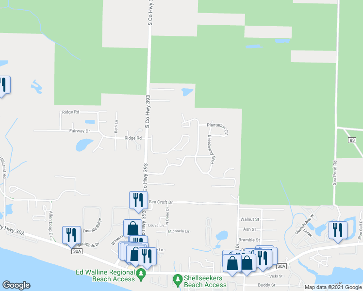 map of restaurants, bars, coffee shops, grocery stores, and more near 53 Cypress Breeze Boulevard North in Santa Rosa Beach