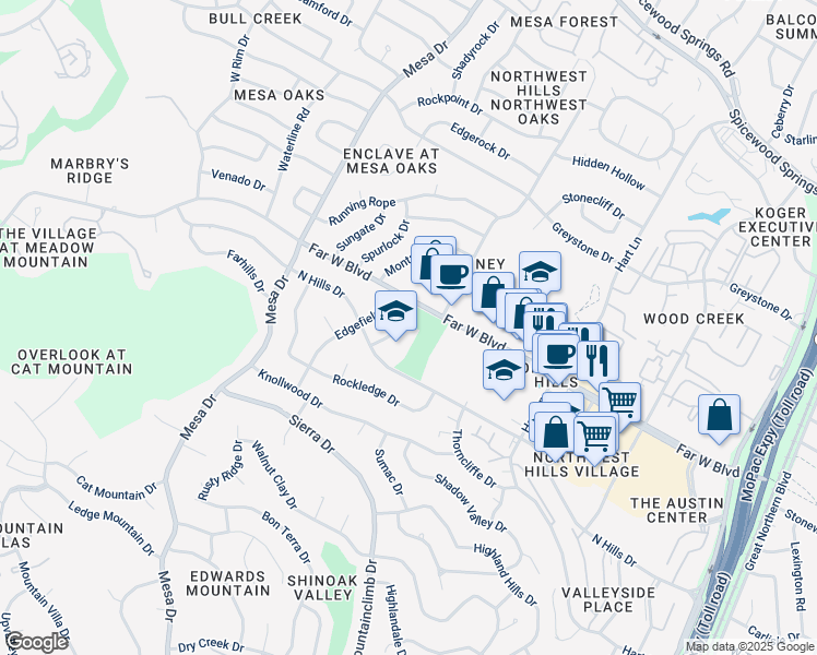 map of restaurants, bars, coffee shops, grocery stores, and more near 7009 Northledge Drive in Austin