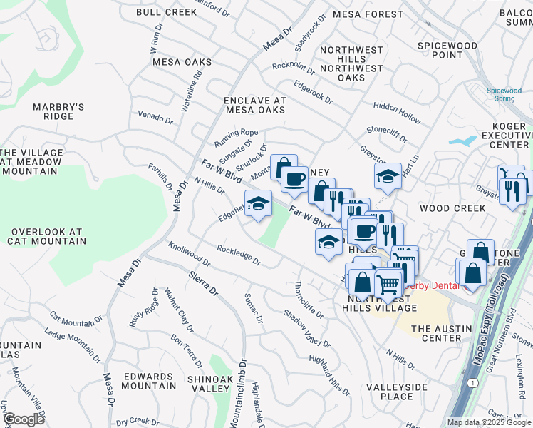 map of restaurants, bars, coffee shops, grocery stores, and more near 7009 Northledge Drive in Austin