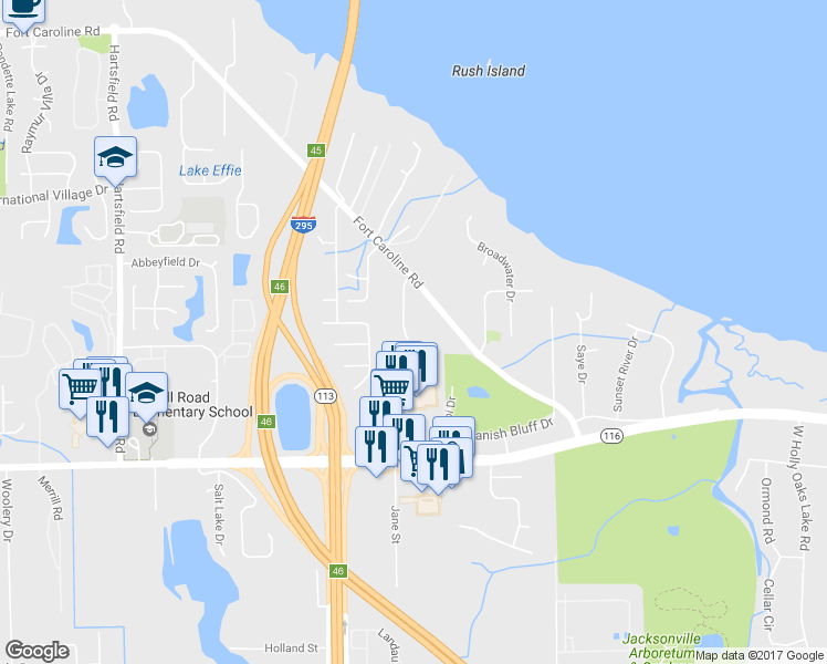 map of restaurants, bars, coffee shops, grocery stores, and more near 3457 Uphill Terrace in Jacksonville