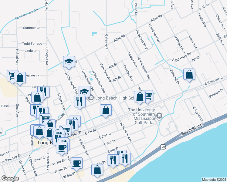 map of restaurants, bars, coffee shops, grocery stores, and more near 100 Park Row Avenue in Long Beach