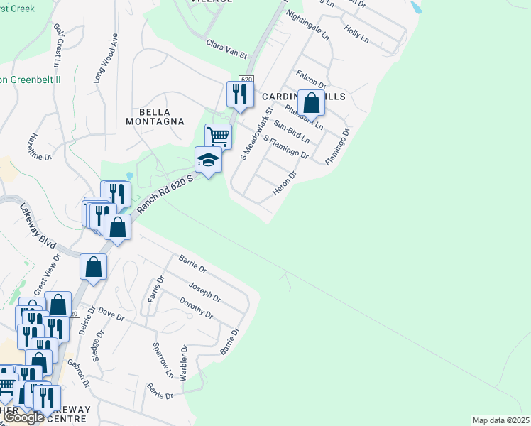 map of restaurants, bars, coffee shops, grocery stores, and more near 538 South Meadowlark Street in Austin