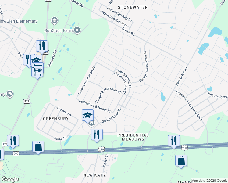 map of restaurants, bars, coffee shops, grocery stores, and more near 12529 Dwight Eisenhower Street in Manor