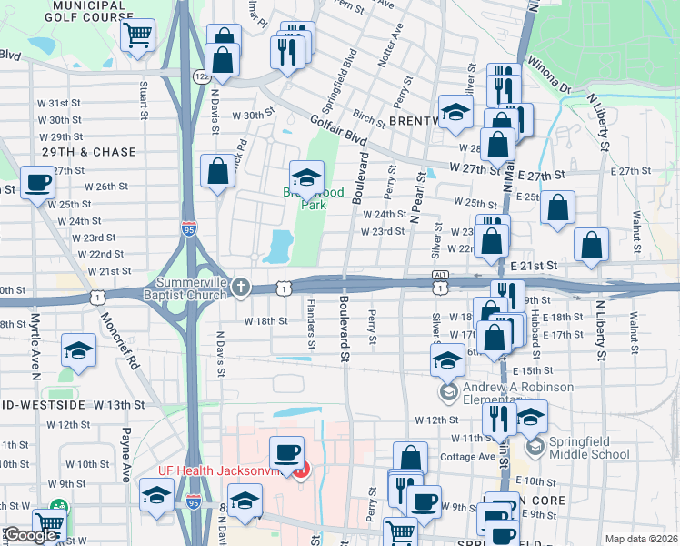map of restaurants, bars, coffee shops, grocery stores, and more near 500 West 21st Street in Jacksonville