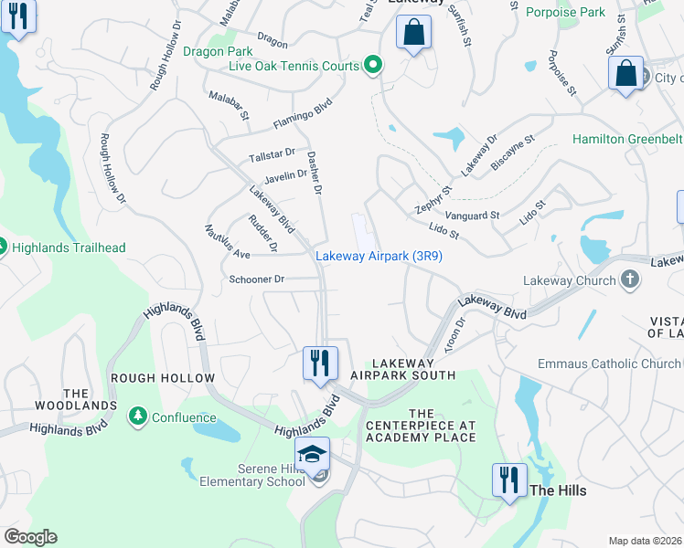 map of restaurants, bars, coffee shops, grocery stores, and more near 106 Snipe Court in Lakeway