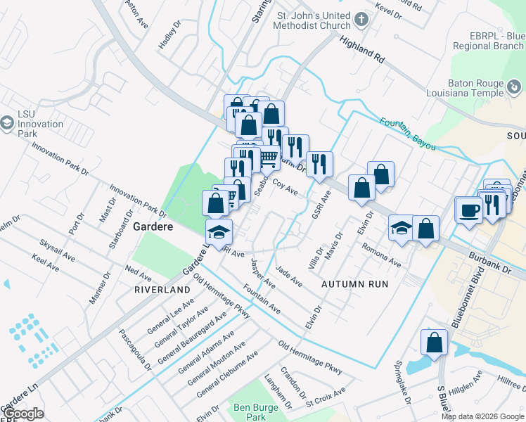 map of restaurants, bars, coffee shops, grocery stores, and more near 1312 Jasper Avenue in Baton Rouge