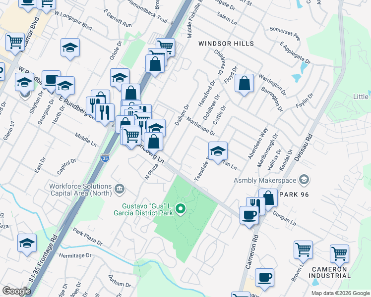 map of restaurants, bars, coffee shops, grocery stores, and more near 1101 Crown Oaks Drive in Austin