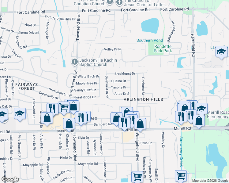 map of restaurants, bars, coffee shops, grocery stores, and more near 7548 Tacony Drive in Jacksonville