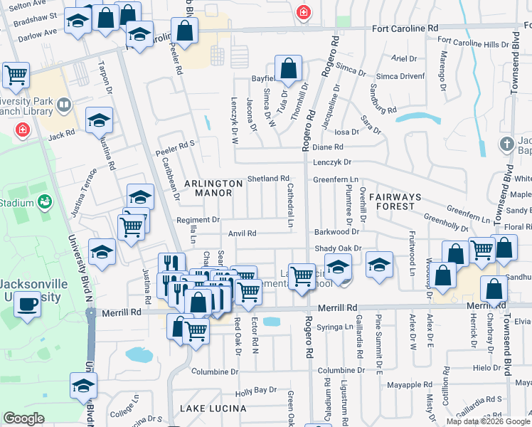 map of restaurants, bars, coffee shops, grocery stores, and more near 3140 Fiesta Lane in Jacksonville